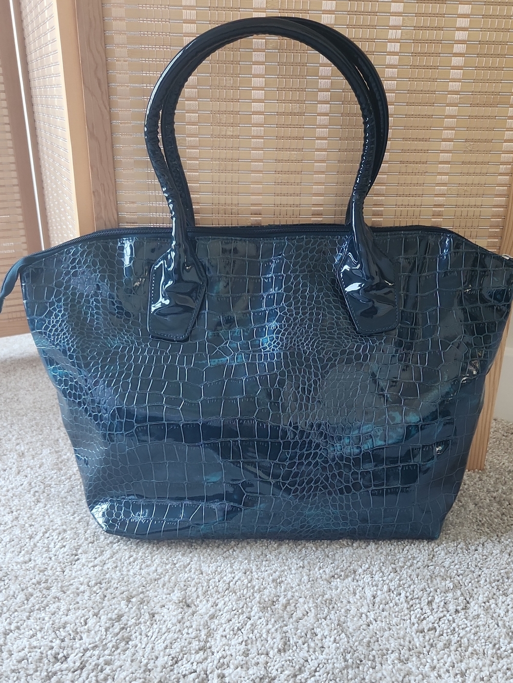 Patent Croc-Embossed Tote Bag in Dark Teal